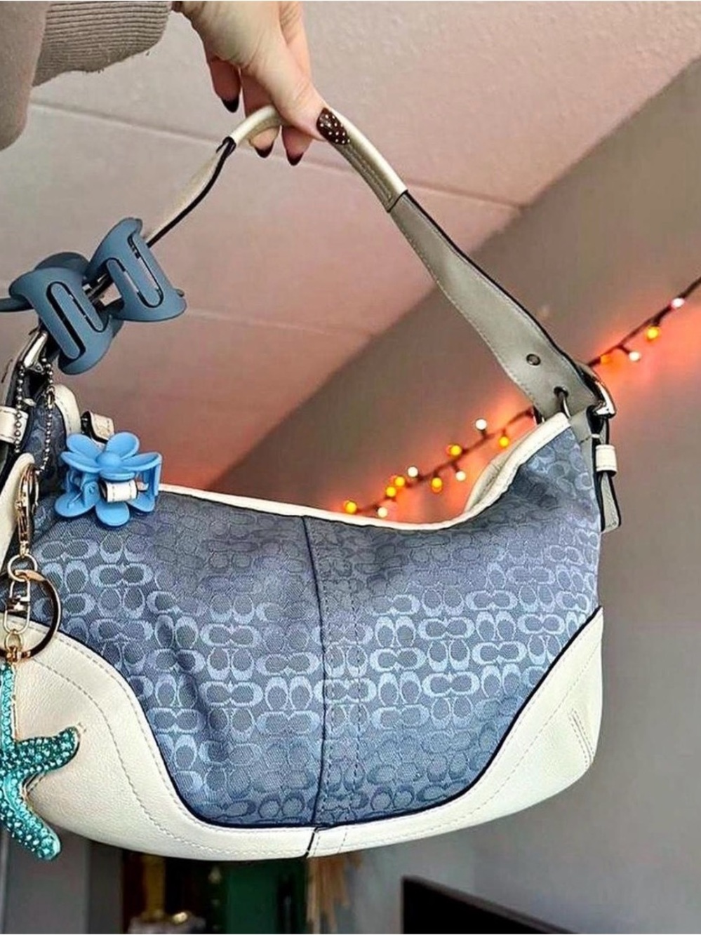 Coach Blue Signature Jacquard Hobo with White Trim